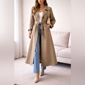 Vintage Etienne Aigner Trench Coat Tan Belted Leather Trim Size 12 Classic